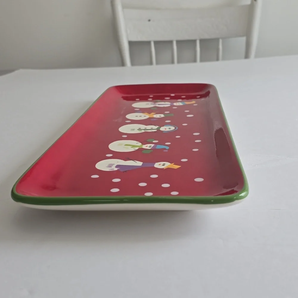 Pier 1 Retired Snowman Family Serving Platter Handpainted Dolomite Red 18.5